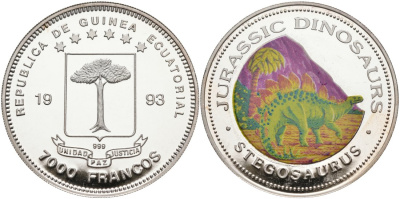 Экваториальная Гвинея 7000 франков 1993 серия ДИНОЗАВРЫ, СТЕГОЗАВР, цветная эмаль KM 94 серебро PROOF 00-000-00