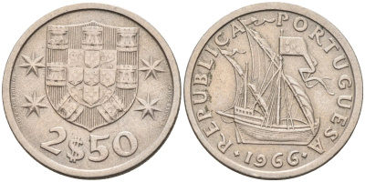 Португалия 2,5 эскудо 1966 парусник KM 590 медно-никель 4588-453