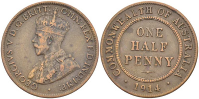 АВСТРАЛИЯ 1/2 ПЕННИ 1914 L, ГЕОРГ V (1910-1936) KM 22 бронза 4514-617