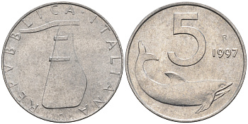 Италия 5 лир 1997 R, дельфин KM 92 алюминий  UNC  4594-667