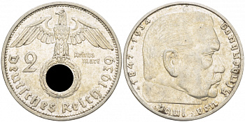 Германия 2 рейхсмарки 1939 А, Гинденбург, символика KM 93, J.366 серебро 3996-956
