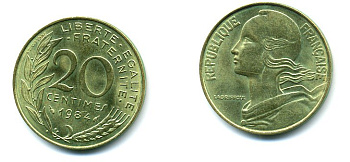 Франция 20 сантимов 1984 тип Marianne KM 930, Le Franс 156.24 медь алюминий никель 3999-747