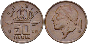 Бельгия 50 сантимов 1969 Belgie, Бодуэн I (1951-1993) KM 149.1 бронза 214-213