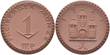 Фрайберг 1 марка 1921 с крестом на центральной башне Men05# 8084.12, Men18# 10080.12 фарфор  UNC  1085-10-15