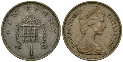 Великобритания 1 пенни 1980 Елизавета II (1952-2022) KM 915, Spink 4237 (B1) бронза 4167-1224