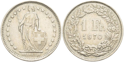 Швейцария 1 франк 1970 KM 24a.1 медно-никель 4544-423