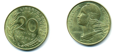 Франция 20 сантимов 1984 тип Marianne KM 930, Le Franс 156.24 медь алюминий никель 3999-747
