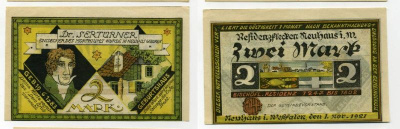 Германия, Нойхаус 2 марки 1921 нотгельд, 1.11.1921 Li.918a-2, M.945.1  бумага  UNC (пресс) 444-84-1-2