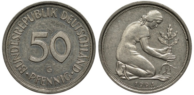 ФРГ 50 пфеннигов 1994 G, монетный двор Карлсруэ KM 109.2, J. 384а медно-никель 186-834