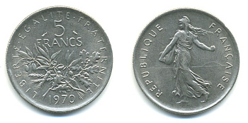 ФРАНЦИЯ 5 ФРАНКОВ 1970 СЕЯТЕЛЬ KM 926a.1, LE FRANC 341.2 медно-никель плакированный никелем 57-844