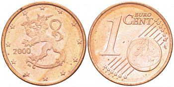 ФИНЛЯНДИЯ 1 ЕВРОЦЕНТ 2000 KM 98 сталь плакированная медью UNC 3457-1152