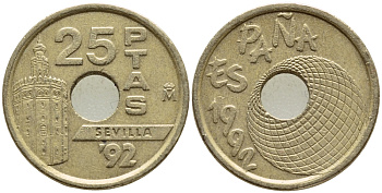 Испания 25 песет 1992 золотая башня в Севилье, EXPO 1992, Хуан Карлос I (1975-2014) KM 905 никель-бронза 4397-557