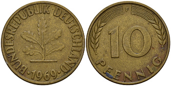 ФРГ 10 пфеннигов 1969 F J. 383, KM 108 сталь плакированная латунью    4603-335