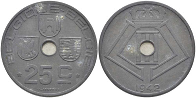 БЕЛЬГИЯ 25 САНТИМОВ 1942 BELGIQUE-BELGIE, ГЕРМАНСКАЯ ОККУПАЦИЯ, ВТОРАЯ МИРОВАЯ ВОЙНА, ЛЕОПОЛЬД III (1934-1950) KM 131 цинк 119-354
