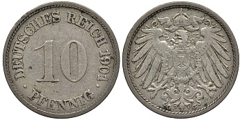 Германия 10 пфеннигов 1901 G KM 12, Jager 13, Weege 8 медно-никель 219-344
