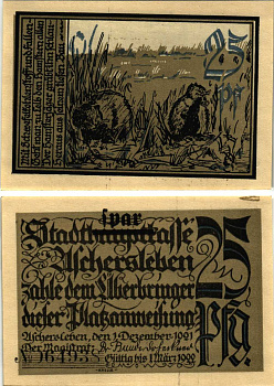 Германия, Ашерслебен 25 пфеннигов 1921 нотгельд, 1 декабря 1921 - 1 марта 1922, бобры, земля Саксония-Анхальт Grabowski 50.5а  бумага   8608-24-1-1
