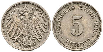 Германия 5 пфеннигов 1913 D, KM 11, J. 12 медно-никель 220-669