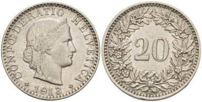 ШВЕЙЦАРИЯ 20 РАППЕНОВ 1913 В KM 29 никель 4513-247