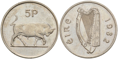 Ирландия 5 пенсов 1982 бык KM 22 медно-никель 4141-313