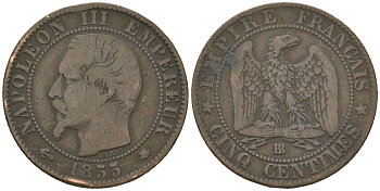 Франция 5 сантимов 1855 BB, Наполеон III (1852-1870) KM 777.3 бронза 113-317