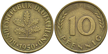 ФРГ 10 ПФЕННИГОВ 1950 F KM 108, J.383 сталь плакированная латунью 75-624