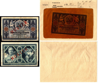 Германия 20 марок 1915 4 ноября, MUSTER, образец, Specimen. В оригинальном банковском конверте. Из коллекции Отто Сейфферта (помощник Ялмара Шахта - министра экономики Германии и президента Рейхсбанка времен третьего рейха) Pick 63 s, Grabowski DEU 42 бум