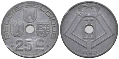 БЕЛЬГИЯ 25 САНТИМОВ 1942 BELGIE-BELGIQUE, ГЕРМАНСКАЯ ОККУПАЦИЯ, ВТОРАЯ МИРОВАЯ ВОЙНА KM 132 цинк 4364-3752