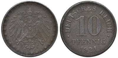 Германия 10 пфеннигов 1921 A KM 20, J. 298 железо 4119-126