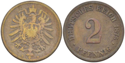 ГЕРМАНИЯ 2 ПФЕННИГА 1875 B, СТАРОГЕРБОВКА KM 2, J. 2, Weege 3 медь 212-545