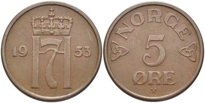 НОРВЕГИЯ 5 ЭРЕ 1953 ЛОСЬ, ХОКОН VII (1905-1957) KM 400 бронза 115-826