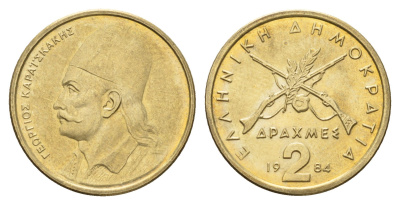 Греция 2 драхмы 1984 Георгиос Караискакис KM 130 никель латунь UNC 4670-211