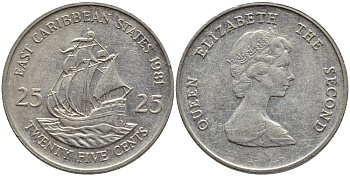 Восточно-Карибские штаты 25 центов 1981 Елизавета II (1952-2022), парусник KM 14 медно-никель 87-356