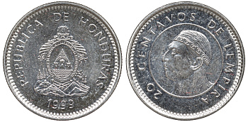 Гондурас 20 сентаво 1999 бюст касика Лемпира KM 83.2a сталь плакированная никелем UNC 4516-224