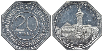 Германия, Нюрнберг - Фюрт 20 пфеннигов ND трамвайный жетон, крепостная скважина алюминий UNC 4119-634