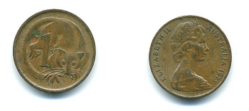 АВСТРАЛИЯ 1 ЦЕНТ 1975 ЕЛИЗАВЕТА II, МОЛОДОЙ ПОРТРЕТ, ОПОССУМ КМ 62 бронза 46-141