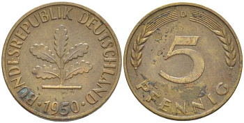 ФРГ 5 ПФЕННИГОВ 1950 D KM 107, J. 382 сталь плакированная латунью 214-512
