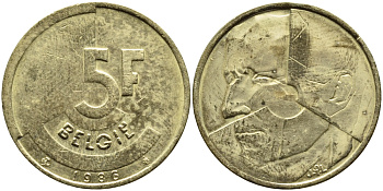 БЕЛЬГИЯ 5 ФРАНКОВ 1986 BELGIE KM 164 латунь или алюминевая бронза 4110-1545