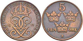 Швеция 5 эре 1913 Густав V (1907-1950) KM 779.2 бронза 4591-934
