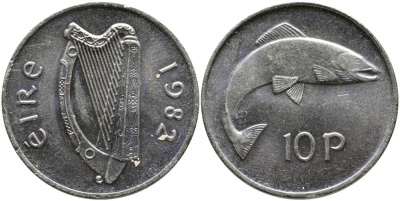 ИРЛАНДИЯ 10 ПЕНСОВ 1982 ЛОСОСЬ KM 23 медно-никель 4531-742