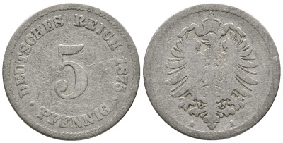 ГЕРМАНИЯ 5 ПФЕННИГОВ 1875 A, СТАРОГЕРБОВКА KM 3, J. 3 медно-никель 39-327