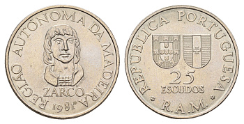 Португалия, Мадейра 25 эскудо 1981 автономная область Мадейра KM 4 медно-никель UNC 4678-1047