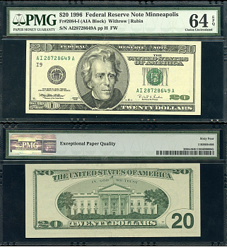 США 20 долларов 1996 I9 (Миннеаполис), в слабе PMG 64 Choice Uncirculated Pick 501, Fr. 2090-L  бумага  UNC (пресс) 452-3-36
