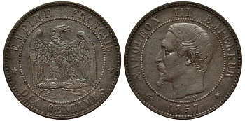 Франция 10 сантимов 1855 BB, Наполеон III (1852-1870) KM 771.3, LE FRANC 133.23 бронза aUNC 1516-1611