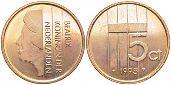 НИДЕРЛАНДЫ 5 ЦЕНТОВ 1995 БЕАТРИКС KM 202 бронза UNC 3856-626