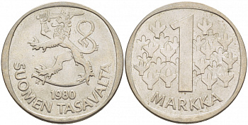 ФИНЛЯНДИЯ 1 МАРКА 1980 K KM 49а медно-никель 3718-811