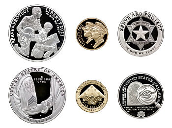 США набор из 3 монет 2021 50 центов + 1 доллар + 5 долларов, юридические службы США (полиция)  золото, серебро, никель  PROOF  14-01-05-11