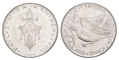 Ватикан 100 лир 1976 MCMLXXVI, Павел VI KM 122 нержавеющая сталь UNC 4648-153