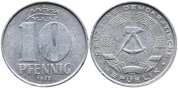 ГДР 10 пфеннигов 1968 А KM 10 алюминий 4391-1223