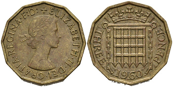 Великобритания 3 пенса 1960 Елизавета II (1952-2022) KM 900, Spink 4153 никель латунь 4561-1031