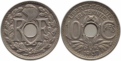 ФРАНЦИЯ 10 САНТИМОВ 1937 ТИП ЛИНДАЙЁ KM 866а, LE FRANC 138.24 медно-никель 108-232